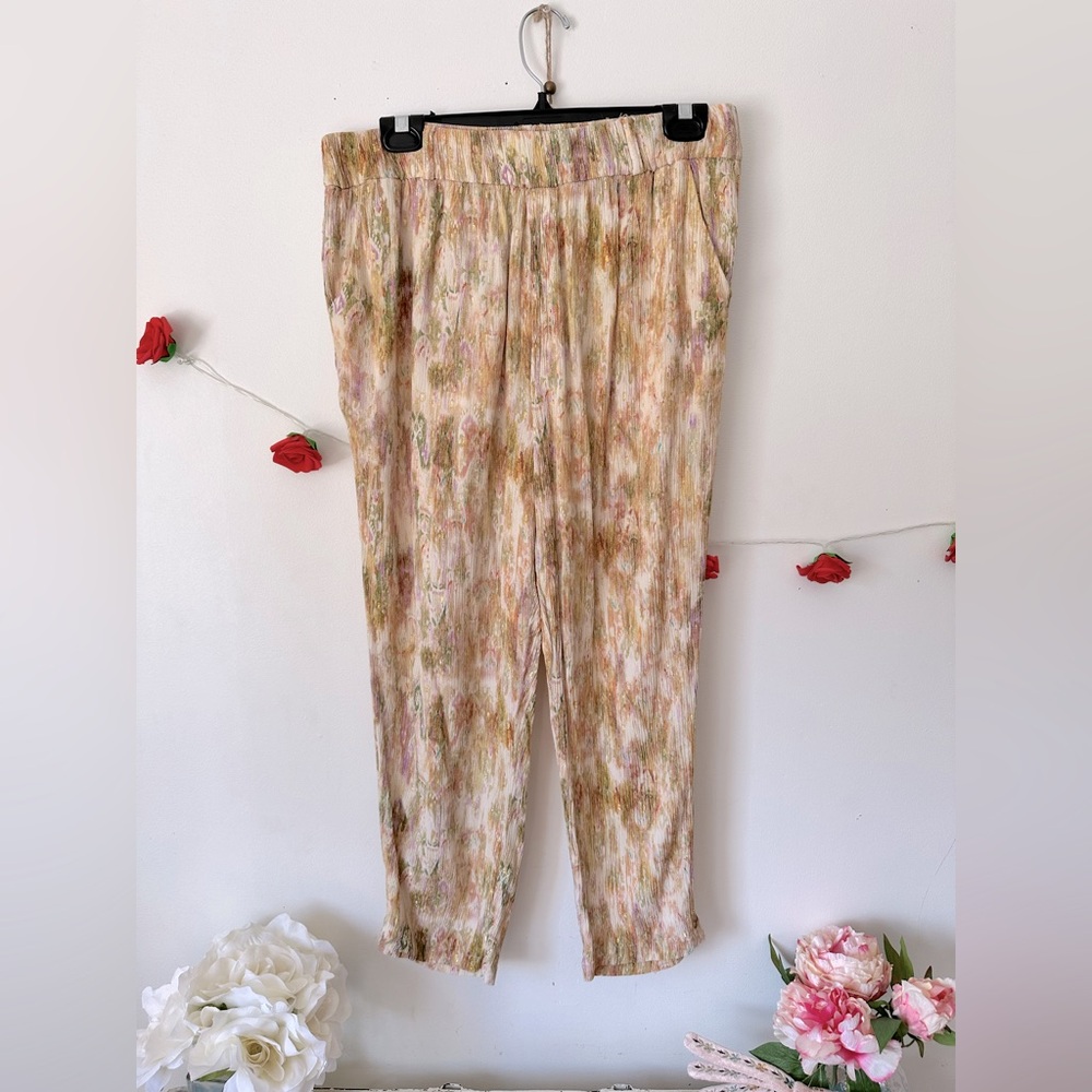 2 Piece SET Zara Pastel Yellow Metallics Shiny Printed Pants Blouse L XL - Picture 6 of 12